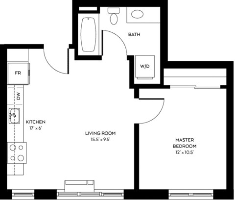 Floor plan for 1 bed, 1 bath, 535 sqft